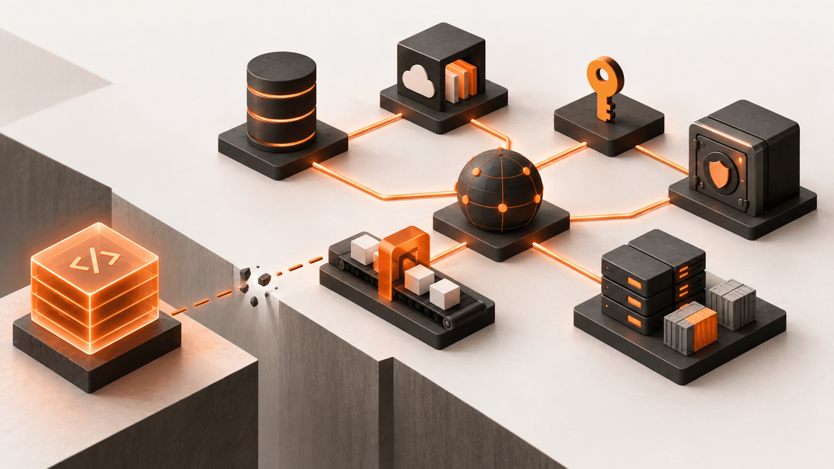 A source-code repository connected to databases, storage, authentication, secrets and deployment infrastructure, showing that production recovery extends beyond Git.