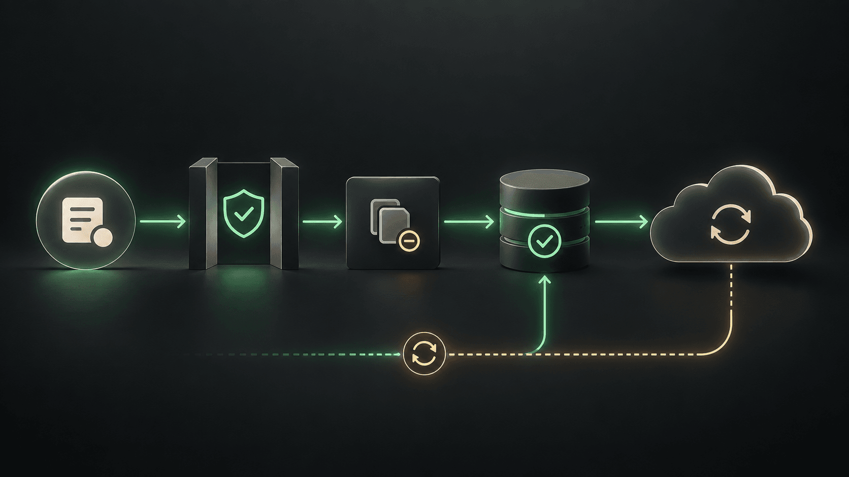A payment event passes through trust, duplicate-event protection and billing state, with a reconciliation loop returning to the source of truth.